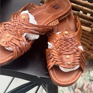 Frye Tan Leather Woven Sandals